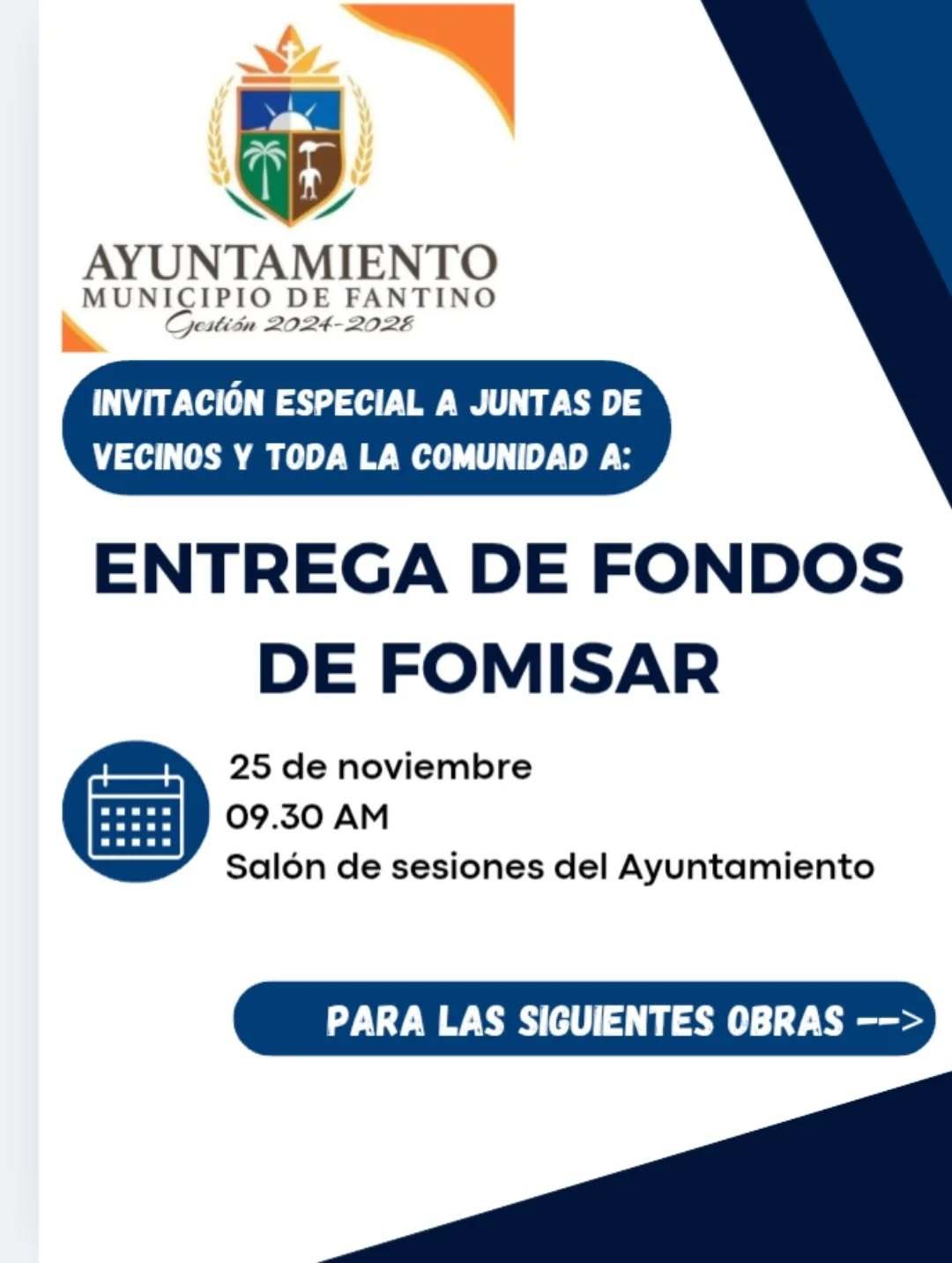 Entrega de fondos por parte de FOMISAR para diversas obras en beneficio de toda la comunidad, mañana en el salón de sesiones, a las 9:30 AM.