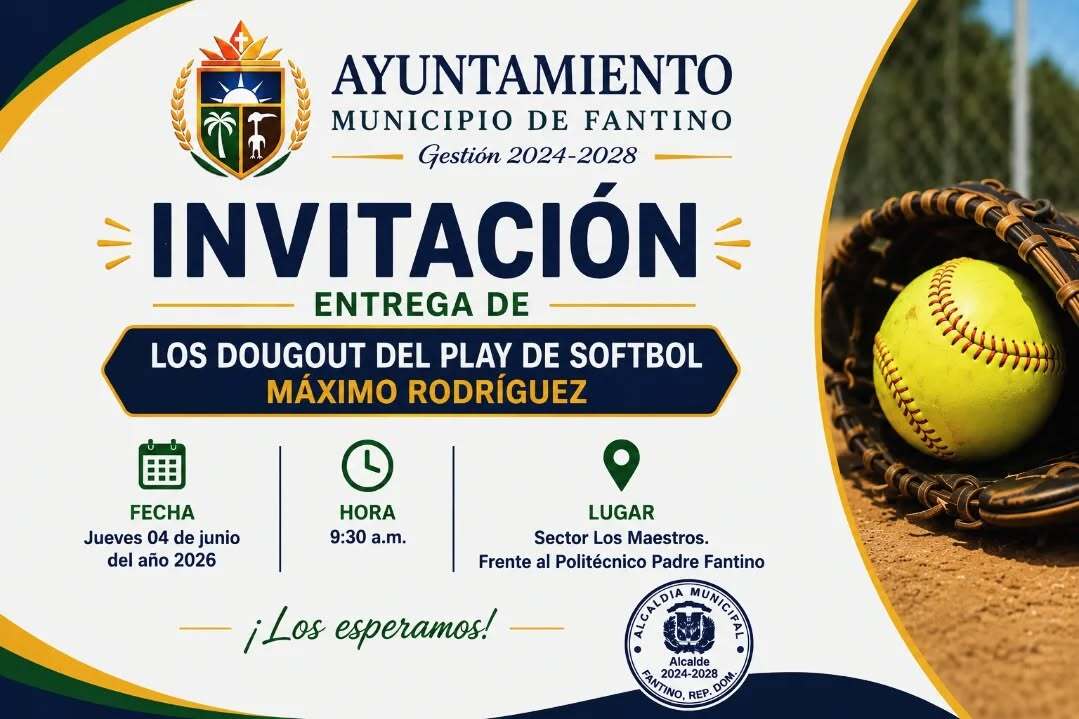 El Alcalde Municipal Dr. Damián Núñez tiene el placer de invitarlos a la entrega oficial de Los Doughout del Play de Softbol Máximo Rodríguez.